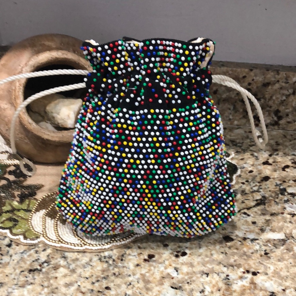 Multicolor Beaded Drawstring Pouch Bag EUC - image 1